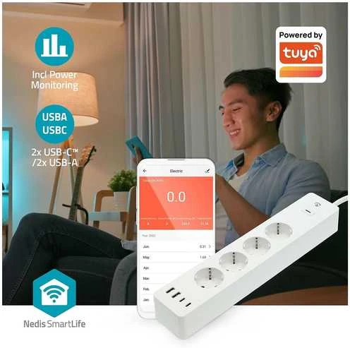 „Nedis SmartLife“ maitinimo ilgintuvas su „Wi-Fi“ | Hibridinis (CEE 7/7) / USB A / USB-C™ | 16 A | 3680 W | 2,00 m | 0–55 °C | „Android™“ / „IOS“ | „Weiss“