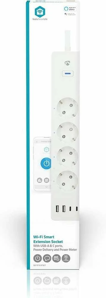 „Nedis SmartLife“ maitinimo ilgintuvas su „Wi-Fi“ | Hibridinis (CEE 7/7) / USB A / USB-C™ | 16 A | 3680 W | 2,00 m | 0–55 °C | „Android™“ / „IOS“ | „Weiss“