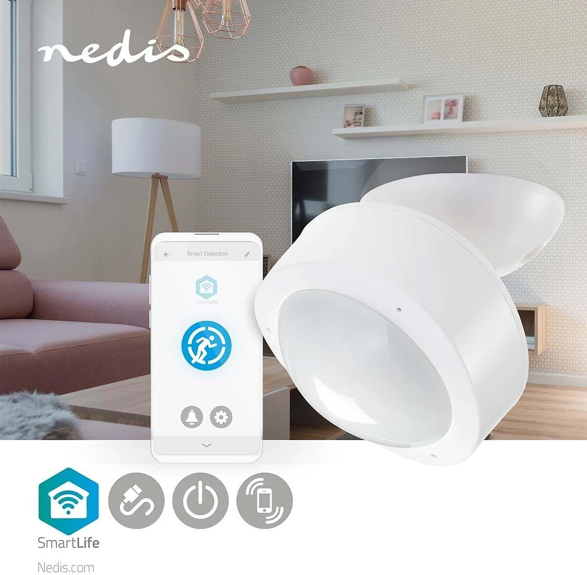 Nedis WiFi išmanusis judesio detektorius (WIFISM10CWT) – laidinis, vidaus, Euro / Type C kištukas