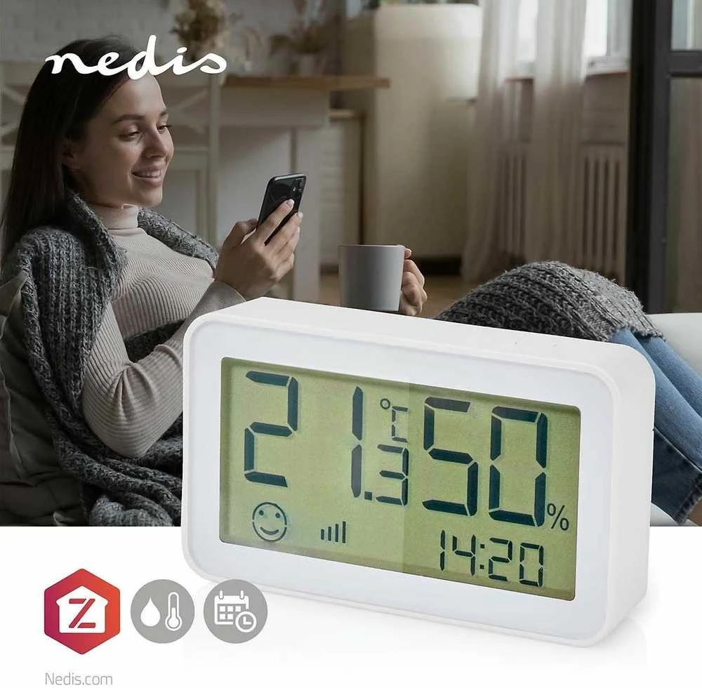 Oro drėkintuvas Nedis ZBSC30WT, Baltas, Patalpų higrometras, Patalpų termometras, Higrometras, Termometras, Higrometras, Termometras, Plastikinis, 0 - 95%