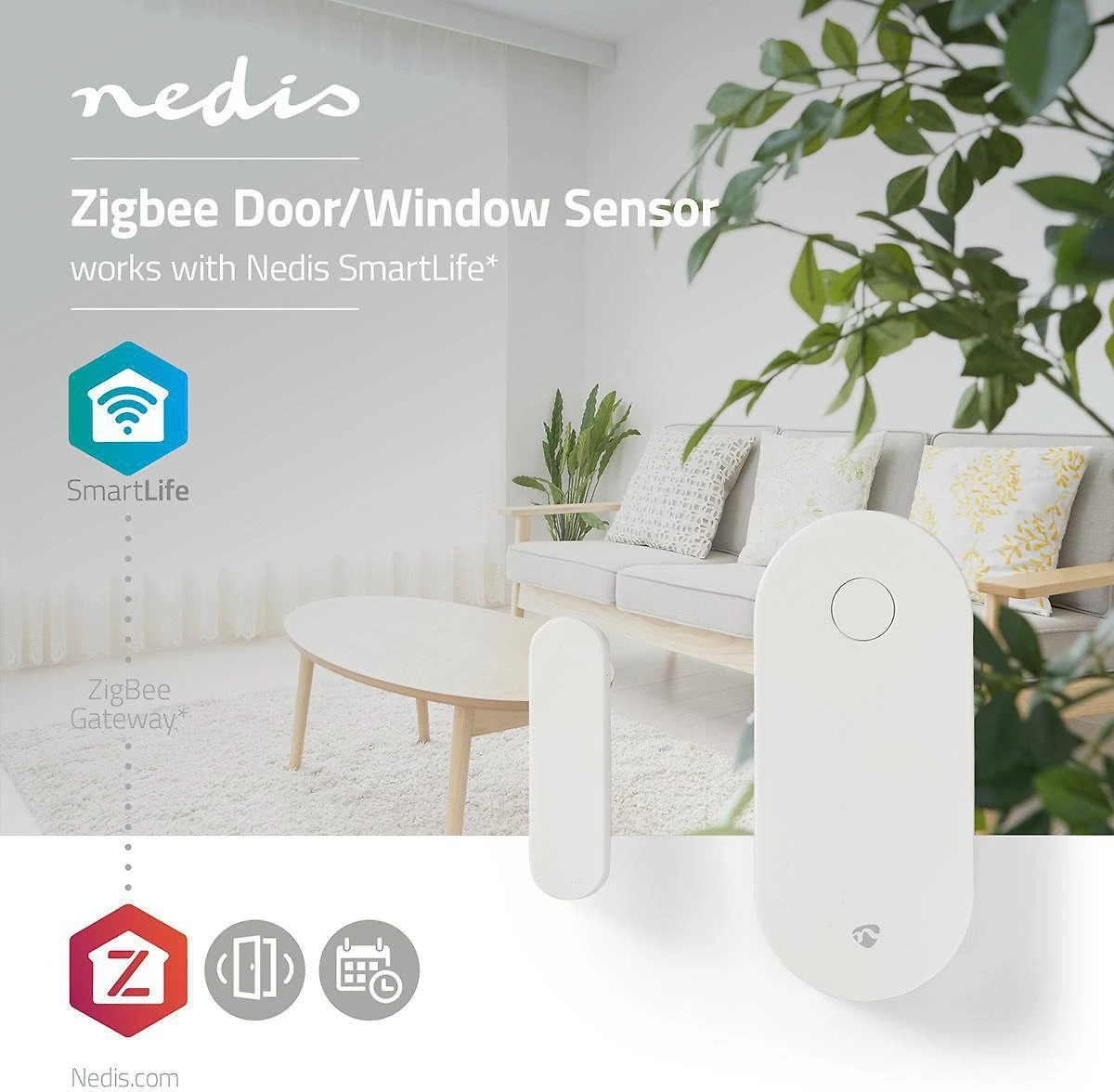 „Nedis SmartLife ZBSD10WT ZigBee 3.0“ durų ir langų atidarymo jutiklis