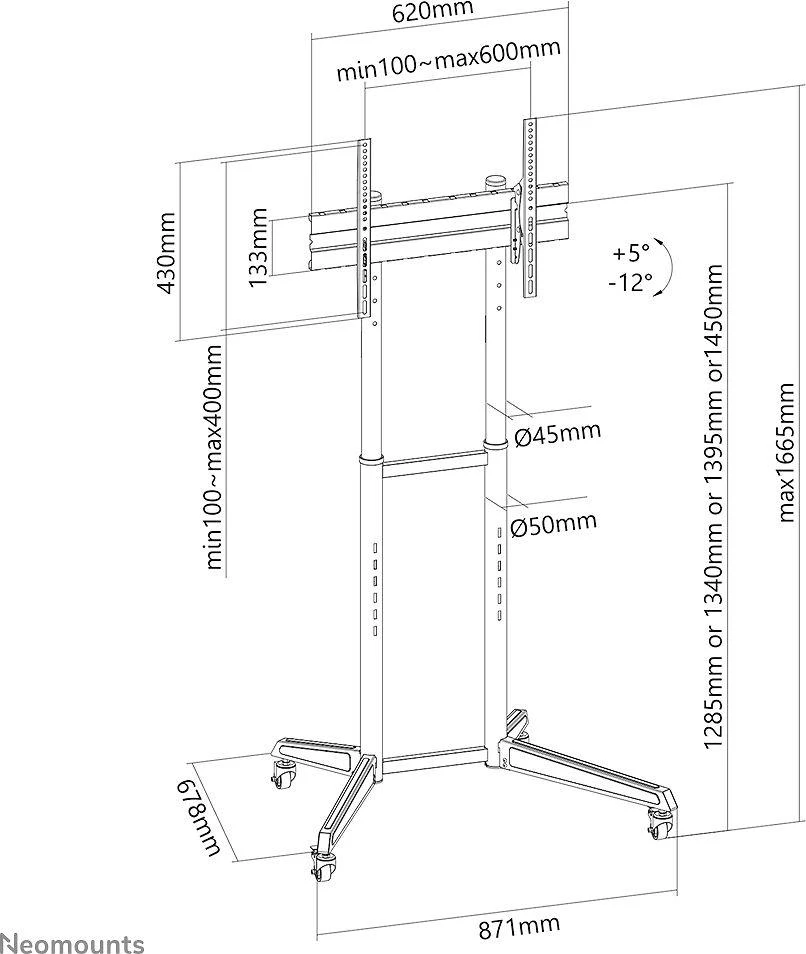 Laikiklis Neomounts NEWSTAR MOBILIŲJŲ GRINDŲ STOVĖLIAI NEMOBILIUOSE (REGULIUOJAMO AUKŠTIS: 128,5-145 CM)