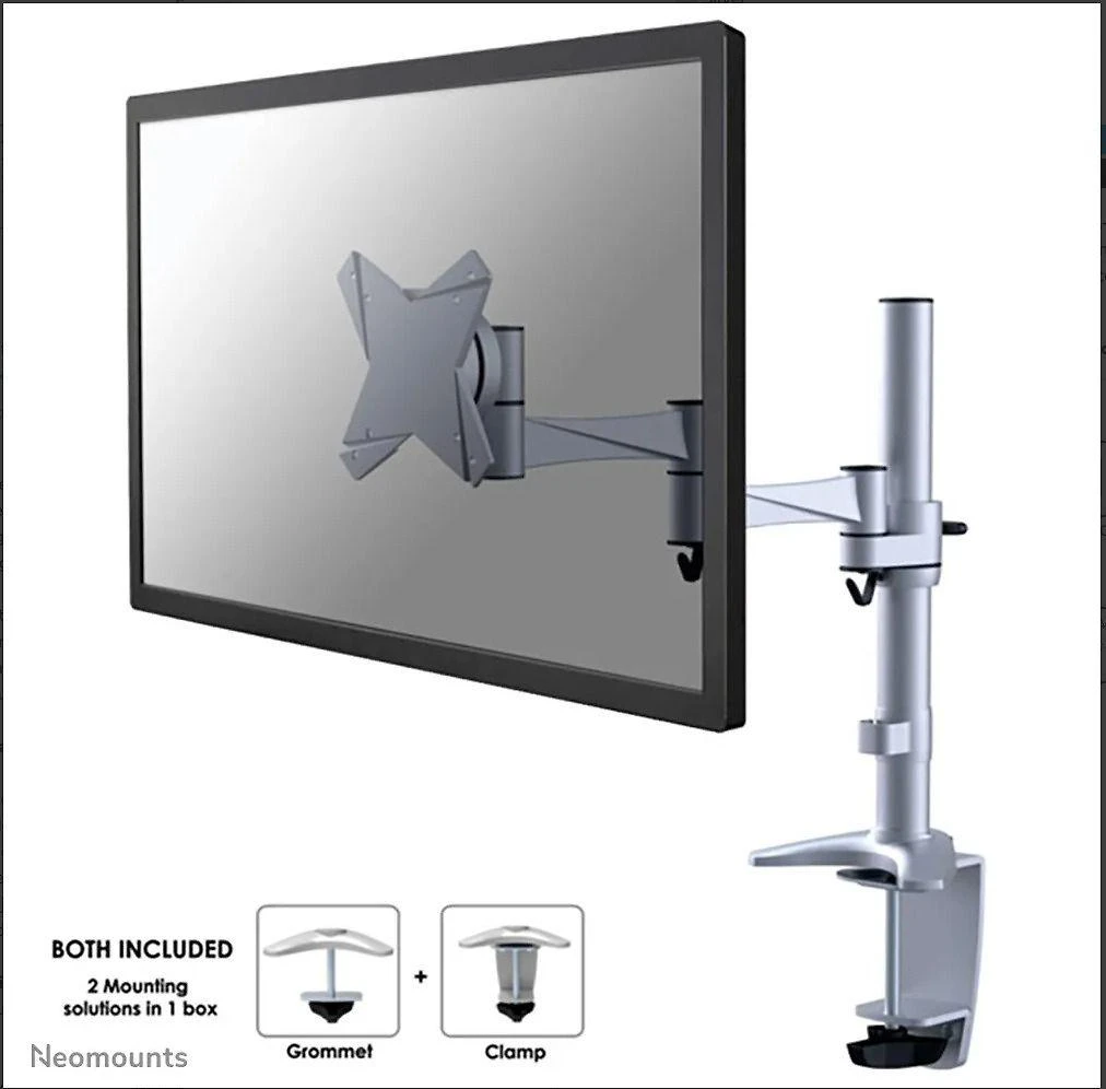 Neomounts NEWSTAR FPMA-D1330SILVER stalo laikiklis/spaustukas, plokščiaekranis, 10–30 colių, VESA 75x75/100x100 mm, pasukamas, sidabrinis