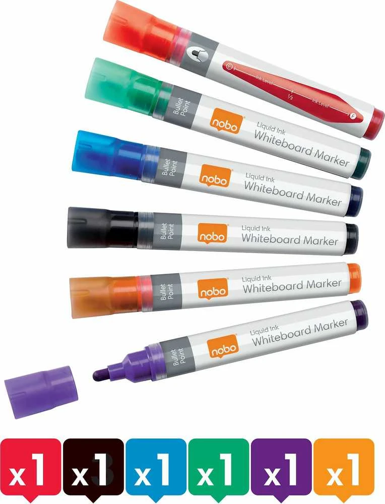 Baltos lentos žymekliai NOBO Liquid Ink, 6 vnt., įv. spalvų