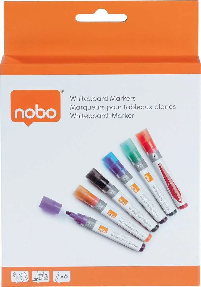 Baltos lentos žymekliai NOBO Liquid Ink, 6 vnt., įv. spalvų