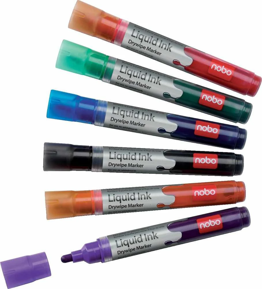 Baltos lentos žymekliai NOBO Liquid Ink, 6 vnt., įv. spalvų