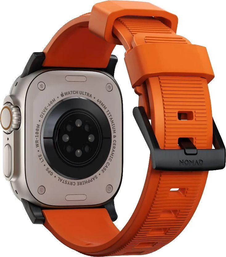 Dėklas Nomad Rugged Strap, oranžinis/juodas - AW Ultra 2/1 (49mm) 9/8/7 (45mm)/6/SE/5/4 (44mm)/3/2/1 (42mm)
