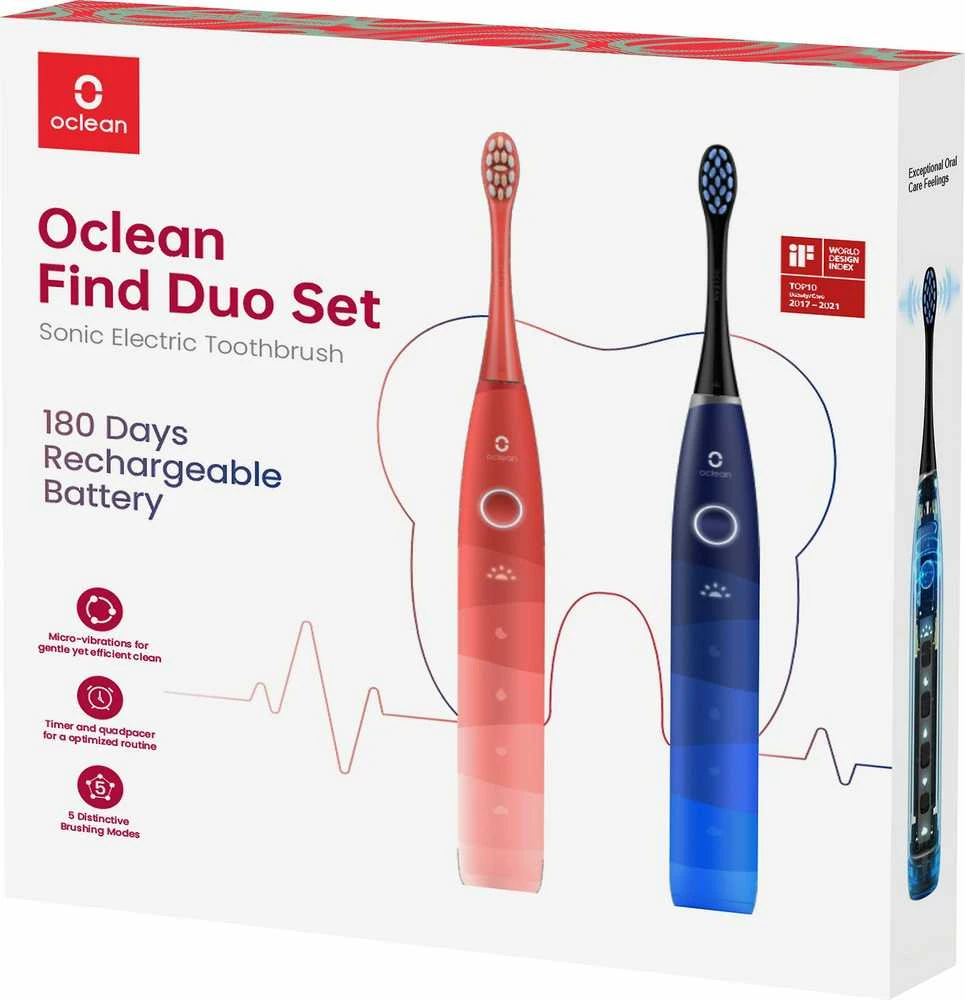Dantų šepetėlis Oclean "Flow Find Duo Sonic" šepetėlių rinkinys raudona - mėlyna 2 vnt.