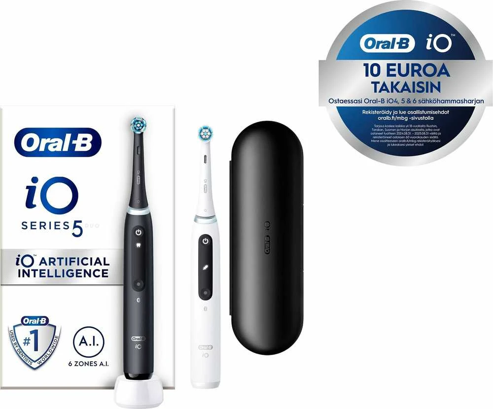 Dantų šepetėlis „Oral B“ iO5 dviejų dalių komplektas, juodos spalvos, UCB ir baltos spalvos, SC elektriniai dantų šepetėliai