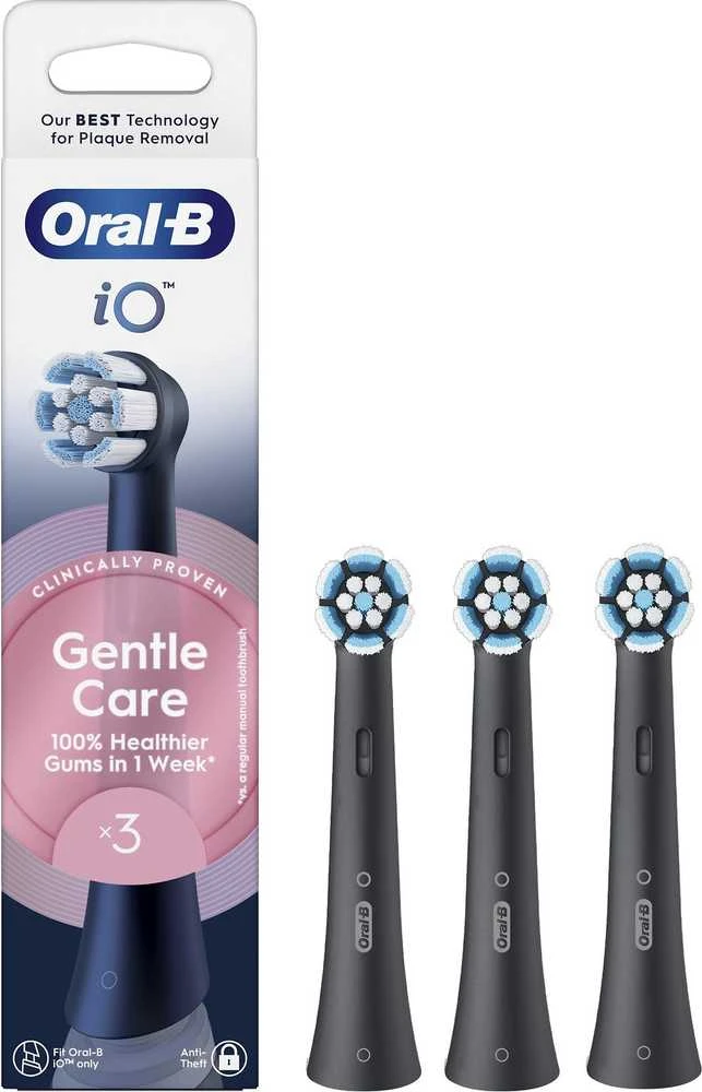 „Oral B iO“ serijos „Gentle Care“ keičiamos dantų šepetėlio galvutės – juodos – 3 vnt.