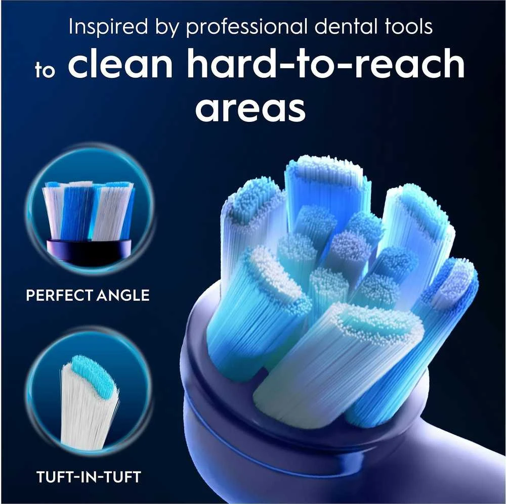 Oral-B iO galvutė: šerelių kampas ir tuft-in-tuft detalės