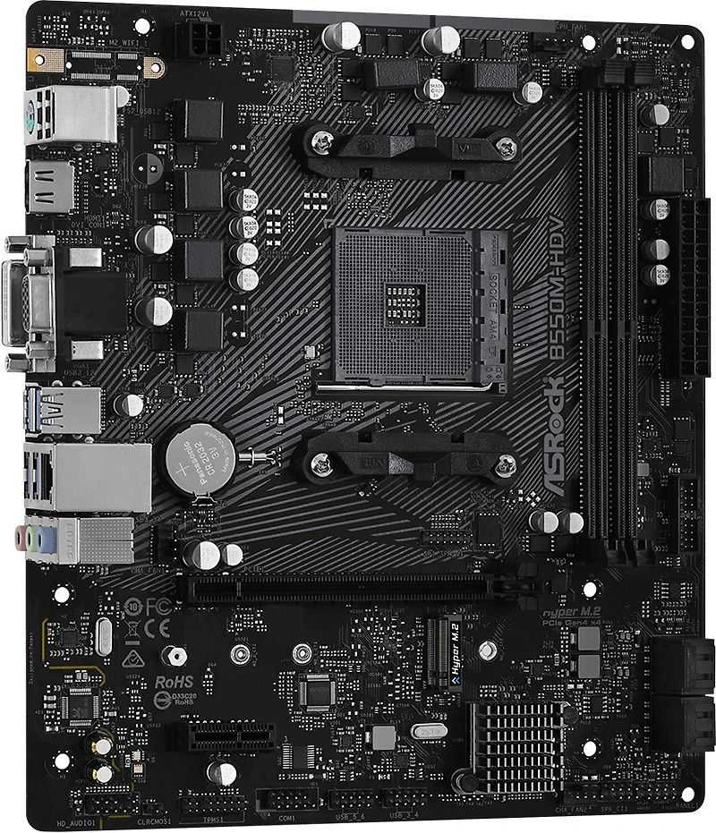 Pagrindinė plokštė ASRock B550M-HDV/AMD B550/AM4/MicroATX/1xPCI-Express 3.0 1x/1xM.2/1xPCI-Express 4.0 16x/Atmintis DDR4/Atminties lizdai 2/1x15pin D-sub/1xDVI/1xHDMI/2xUSB 2.0/4xUSB 3.2/1xPS/2/1xRJ45/3xAudio port