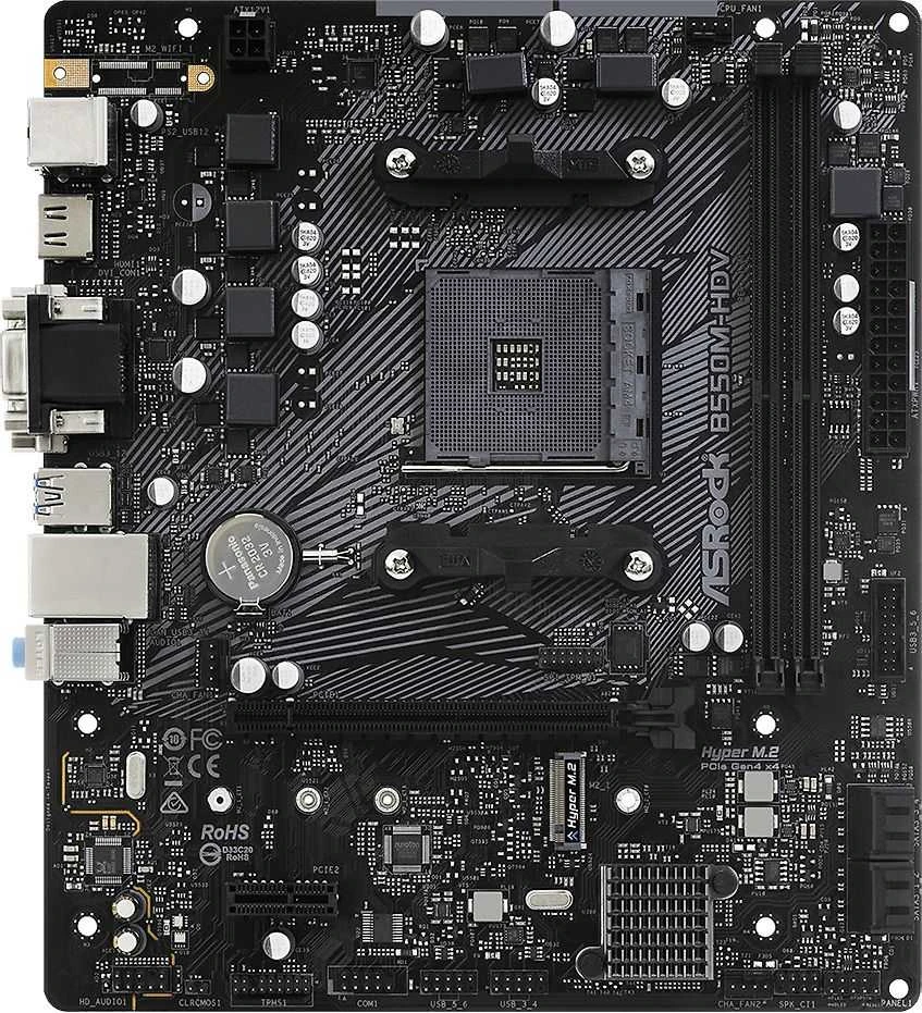 Pagrindinė plokštė ASRock B550M-HDV/AMD B550/AM4/MicroATX/1xPCI-Express 3.0 1x/1xM.2/1xPCI-Express 4.0 16x/Atmintis DDR4/Atminties lizdai 2/1x15pin D-sub/1xDVI/1xHDMI/2xUSB 2.0/4xUSB 3.2/1xPS/2/1xRJ45/3xAudio port