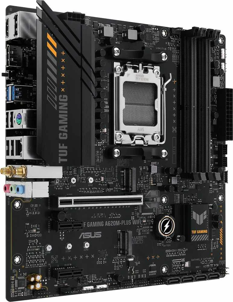 Pagrindinė plokštė Asus | TUF GAMING A620M-PLUS WIFI | Procesorių šeima AMD | Procesoriaus lizdas AM5 | DDR5 DIMM | Atminties lizdai 4 | Palaikomos standžiojo disko sąsajos SATA, M.2 | SATA jungčių skaičius 4 | Lustų rinkinys AMD A620 | Mikro-ATX