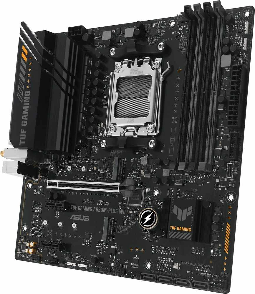 Pagrindinė plokštė Asus | TUF GAMING A620M-PLUS WIFI | Procesorių šeima AMD | Procesoriaus lizdas AM5 | DDR5 DIMM | Atminties lizdai 4 | Palaikomos standžiojo disko sąsajos SATA, M.2 | SATA jungčių skaičius 4 | Lustų rinkinys AMD A620 | Mikro-ATX