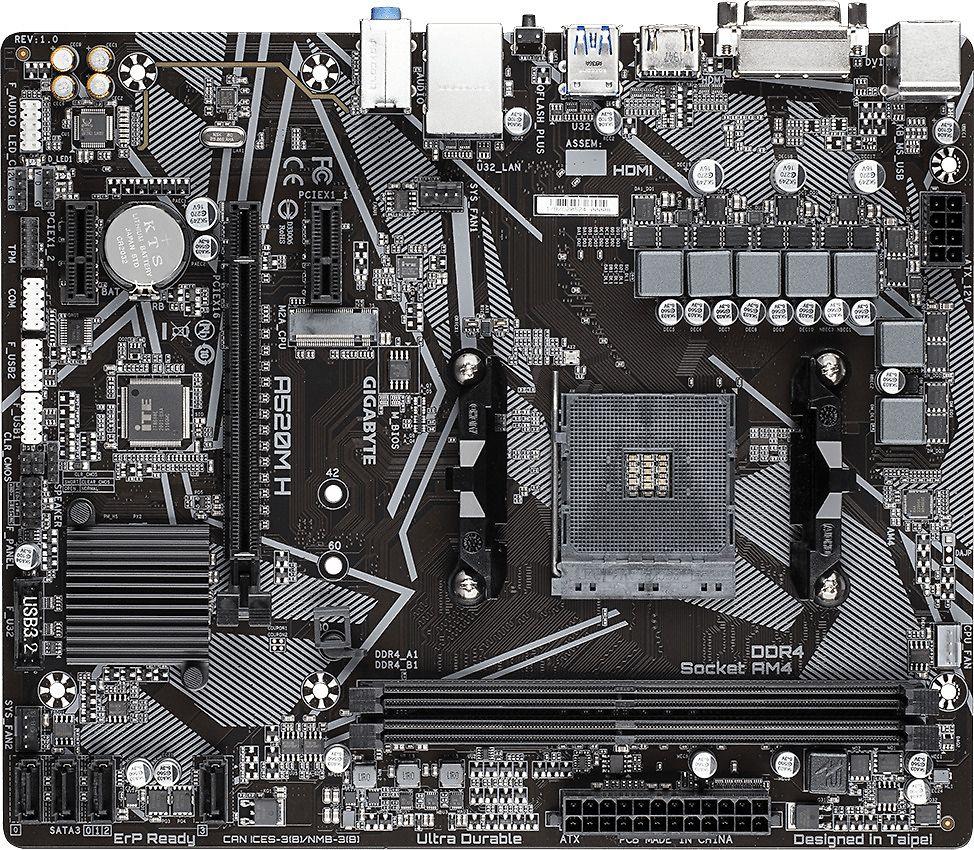 Pagrindinė plokštė Gigabyte | A520M H 1.0 | Processor family AMD | Processor socket AM4 | DDR4 DIMM | Atminties lizdai 2 | Chipset AMD A | Micro ATX