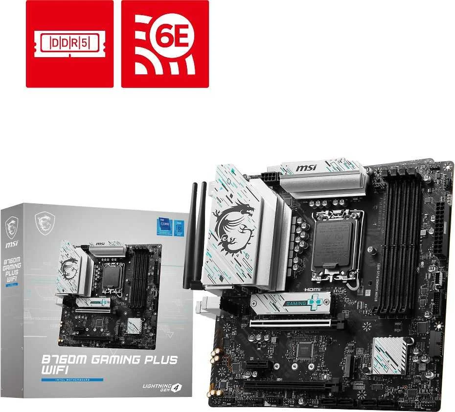 Pagrindinė plokštė MSI | B760M GAMING PLUS WIFI | Procesorių šeima Intel | Procesoriaus lizdas LGA1700 | DDR5 | Palaikomos standžiojo disko sąsajos SATA, M.2 | SATA jungčių skaičius 4