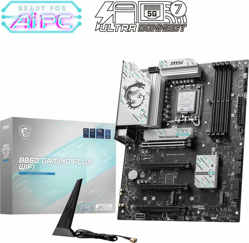 Pagrindinė plokštė MSI B860 GAMING PLUS WIFI | Procesorių šeima Intel | Procesoriaus lizdas LGA1851 | DDR5 | Palaikomos standžiojo disko sąsajos SATA, M.2 | SATA jungčių skaičius 4