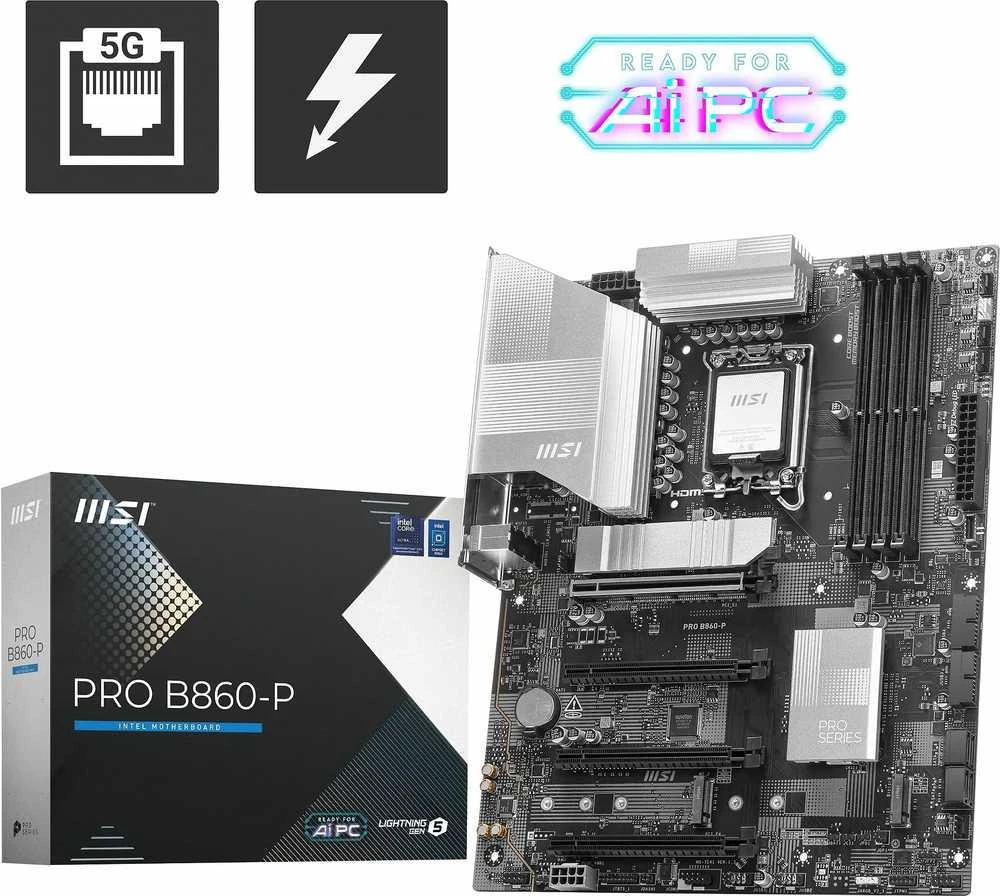 Pagrindinė plokštė MSI PRO B860-P | Procesorių šeima Intel | Procesoriaus lizdas LGA1851 | DDR5 | Palaikomos standžiojo disko sąsajos SATA, M.2 | SATA jungčių skaičius 4