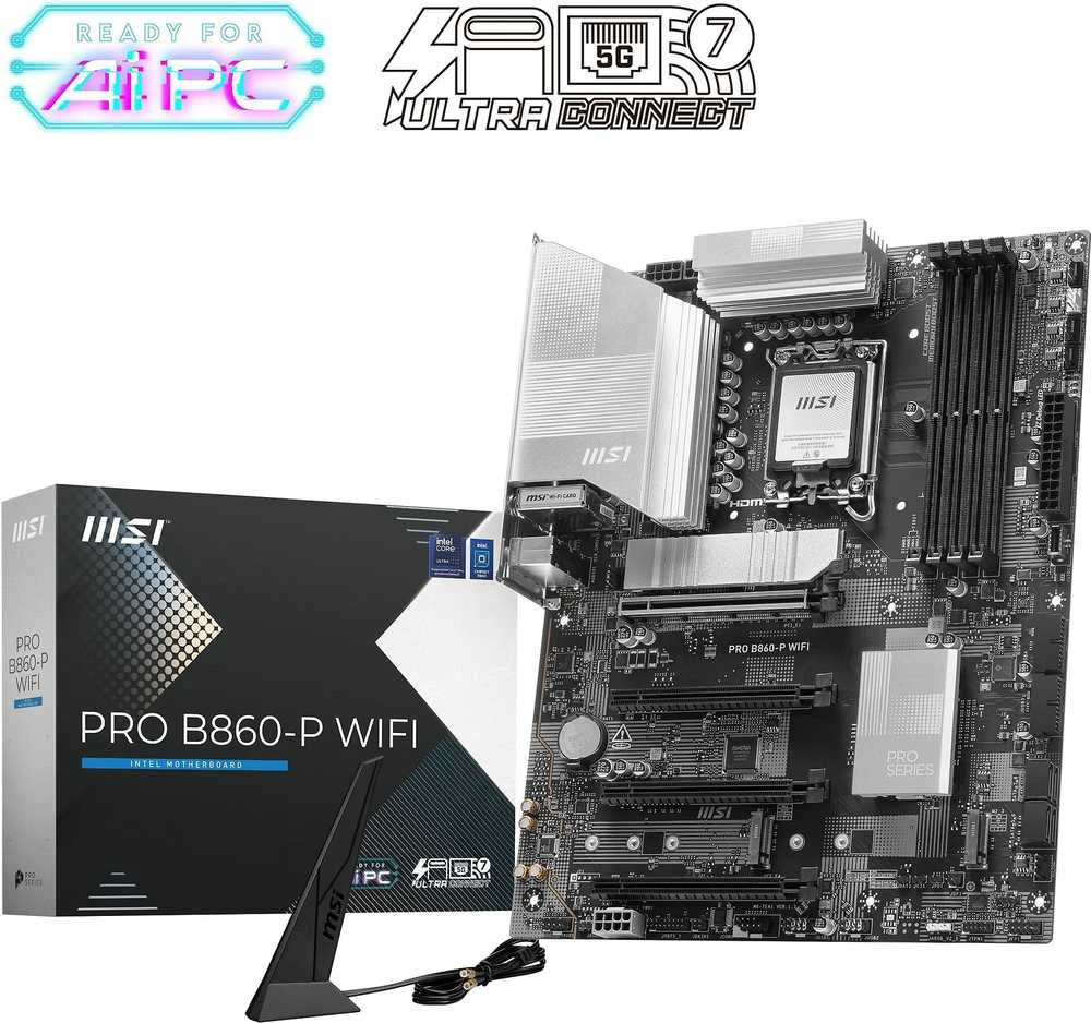 Pagrindinė plokštė MSI PRO B860-P WIFI | Procesorių šeima Intel | Procesoriaus lizdas LGA1851 | DDR5 | Palaikomos standžiojo disko sąsajos SATA, M.2 | SATA jungčių skaičius 4
