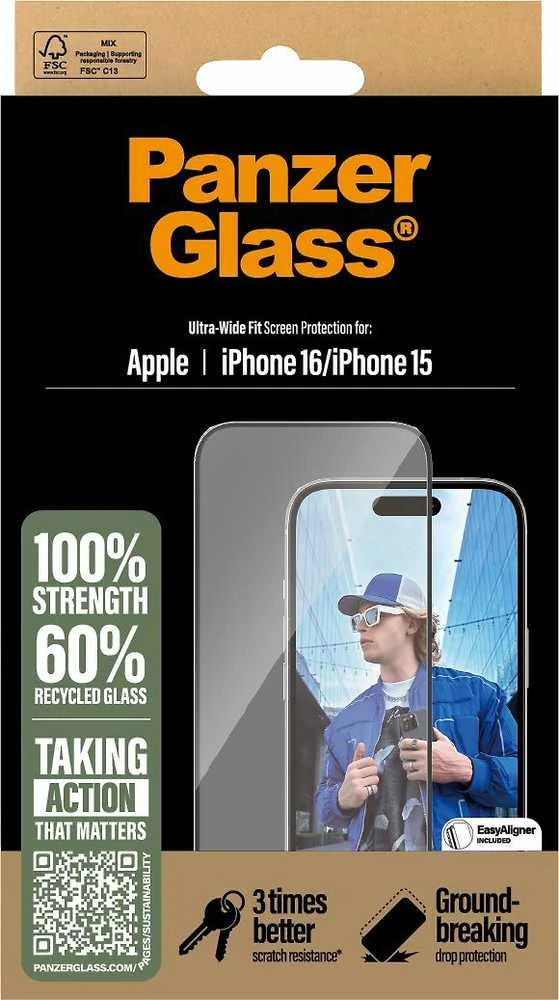 Panzer Glass PanzerGlass Ekrano apsauga | Apple | iPhone 16 / iPhone 15 | Stiklas | Skaidrus | Itin platus pritaikymas