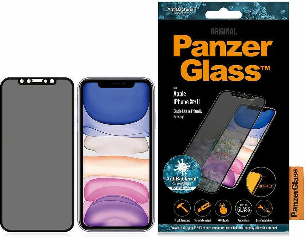 Panzer Glass PanzerGlass | P2665 | Ekrano apsauga | Apple | iPhone Xr/11 | Grūdintas stiklas | Juodas | Konfidencialumo filtras; Viso kadro aprėptis; Nedūžtančios filmas (sulaiko stiklą ir apsaugo nuo stiklo šukių dūžtant); Tinkamas dėklui – suderinamas su visais dėklais; Anti-glare danga (sumažina šviesos atspindį); Mėlyna šviesos mažinimas; Lengvas montavimas su pilnais klijais; Oleofobinis sluoksnis (antibakterinis + antipirštų atspaudas); 100% prisilietimo išsaugojimas; Išlaiko visas telefono funkcijas