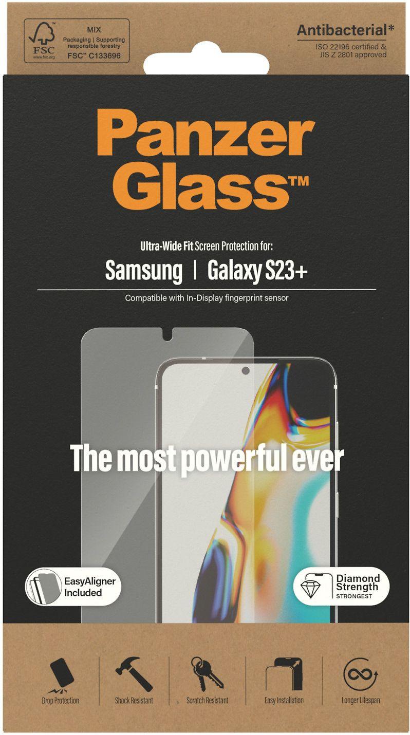Panzer Glass PREMIUM TEMPERATO stiklo ekrano apsauga, pilnas dangtelis, skirtas Samsung Galaxy S23+, Ultra-Wide Fit AB, (Naujas)