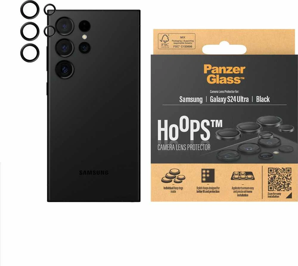 Panzer Glass Apsauginis stiklas 5D Samsung Galaxy S24 Ultra PanzerGlass Hoops kameros apsauga Hoop Optic Rings 1209 juodos spalvos