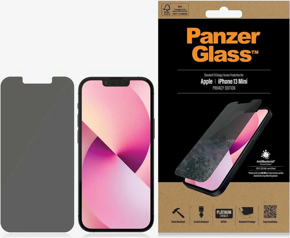 Panzer Glass PanzerGlass | Apple | iPhone 13 Mini | Grūdintas stiklas | Juodas | Švarus; Atsparus įbrėžimams ir bakterijoms; Amortizatorius; Lengva montuoti | Privatumo ekrano apsauga