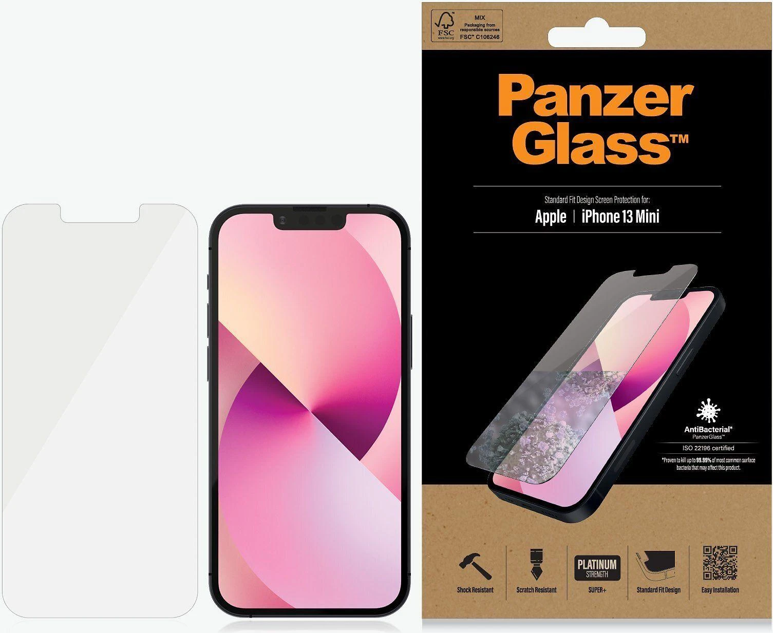 Panzer Glass PanzerGlass | Skaidri ekrano apsauga | Apple | iPhone 13 Mini | Grūdintas stiklas | Antibakterinis stiklas; Atsparus įbrėžimams ir bakterijoms; Amortizatorius; Lengva montuoti