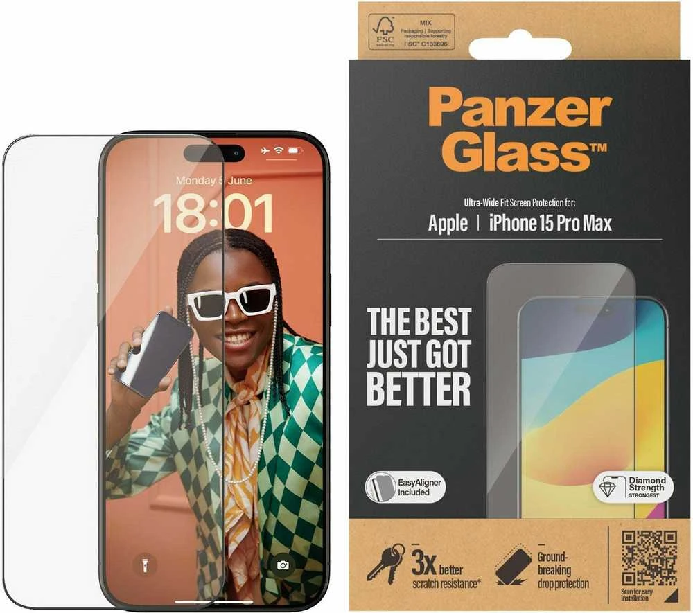 Panzer Glass PanzerGlass | Ekrano apsauga | Apple | IPhone 15 Pro Max | Stiklas | Skaidrus | Itin platus prigludimas, atsparus įbrėžimams, apsauga nuo kritimo, pridedamas „EasyAligner“.