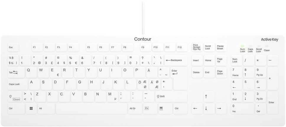 „Contour Design Contour Active Key QuickClean Medical“ klaviatūra IP68, pilno dydžio, su laidu, Baltas PN C8112, viso dydžio (100 %), su laidu, USB, žirklinis jungiklis, QWERTY, Baltas