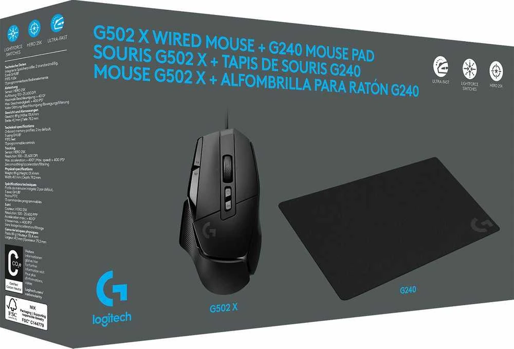 LOGITECH G502 X Pelė žaidimams - Juodas - USB + G240 Pelė kilimėlis