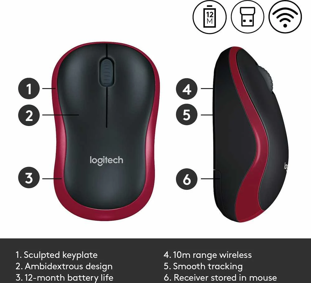 Bevielė pelė Logitech M185. Raudona