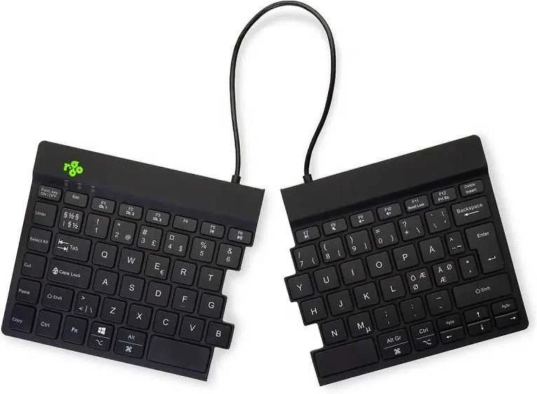 R-Go Tools Ergonomiška klaviatūra R-Go Split Break su stabdžių programine įranga, ergonomiška padalinta klaviatūra, QWERTY (NORDIC), Bluetooth, juodas, belaidis, Bluetooth, žirklinio mygtuko jungiklis, QWERTY, Juodas