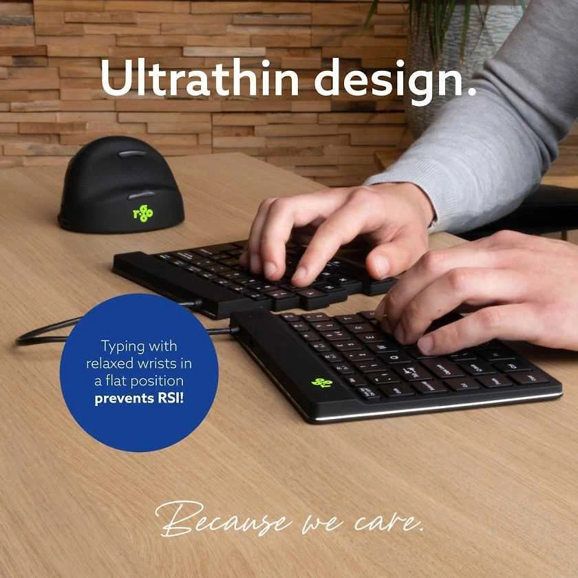 R-Go Tools Ergonomiška klaviatūra R-Go Split Break su stabdžių programine įranga, ergonomiška padalinta klaviatūra, QWERTY (NORDIC), Bluetooth, juodas, belaidis, Bluetooth, žirklinio mygtuko jungiklis, QWERTY, Juodas