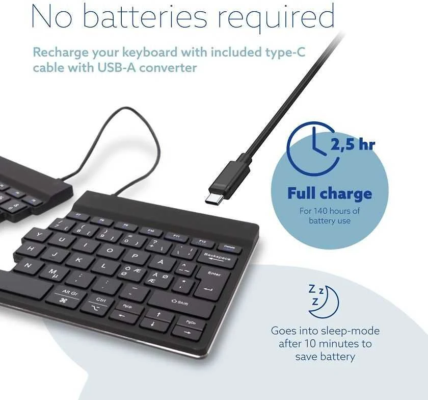 R-Go Tools Ergonomiška klaviatūra R-Go Split Break su stabdžių programine įranga, ergonomiška padalinta klaviatūra, QWERTY (NORDIC), Bluetooth, juodas, belaidis, Bluetooth, žirklinio mygtuko jungiklis, QWERTY, Juodas
