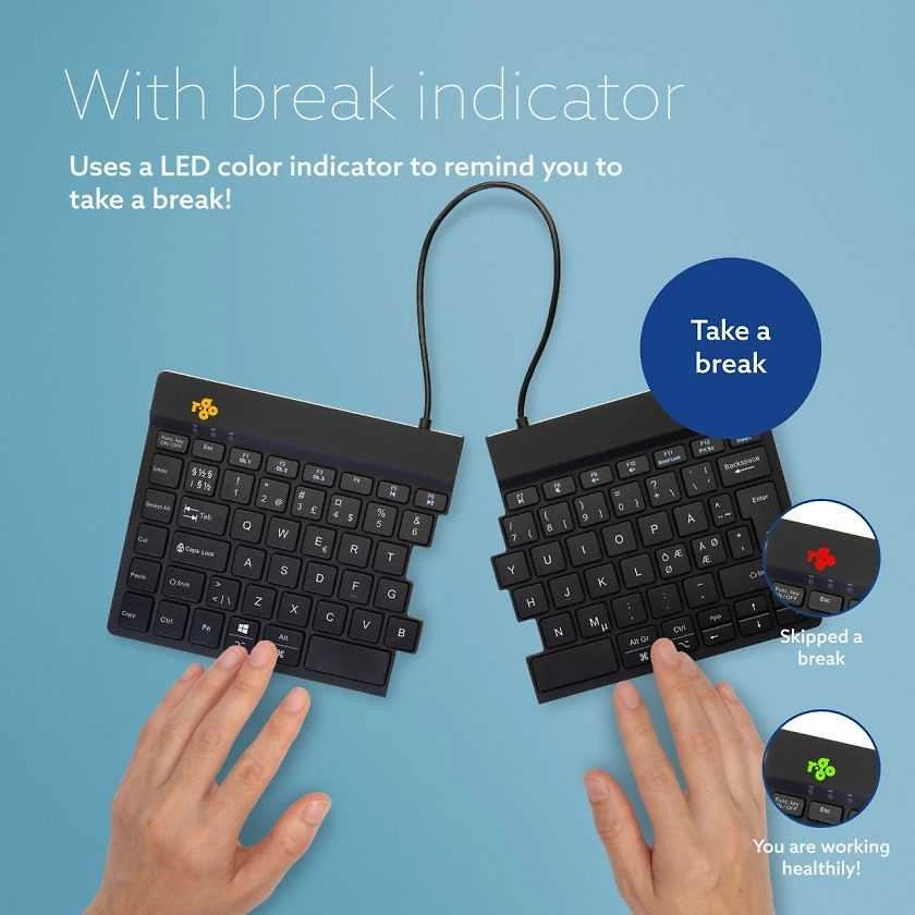 R-Go Tools Ergonomiška klaviatūra R-Go Split Break su stabdžių programine įranga, ergonomiška padalinta klaviatūra, QWERTY (NORDIC), Bluetooth, juodas, belaidis, Bluetooth, žirklinio mygtuko jungiklis, QWERTY, Juodas