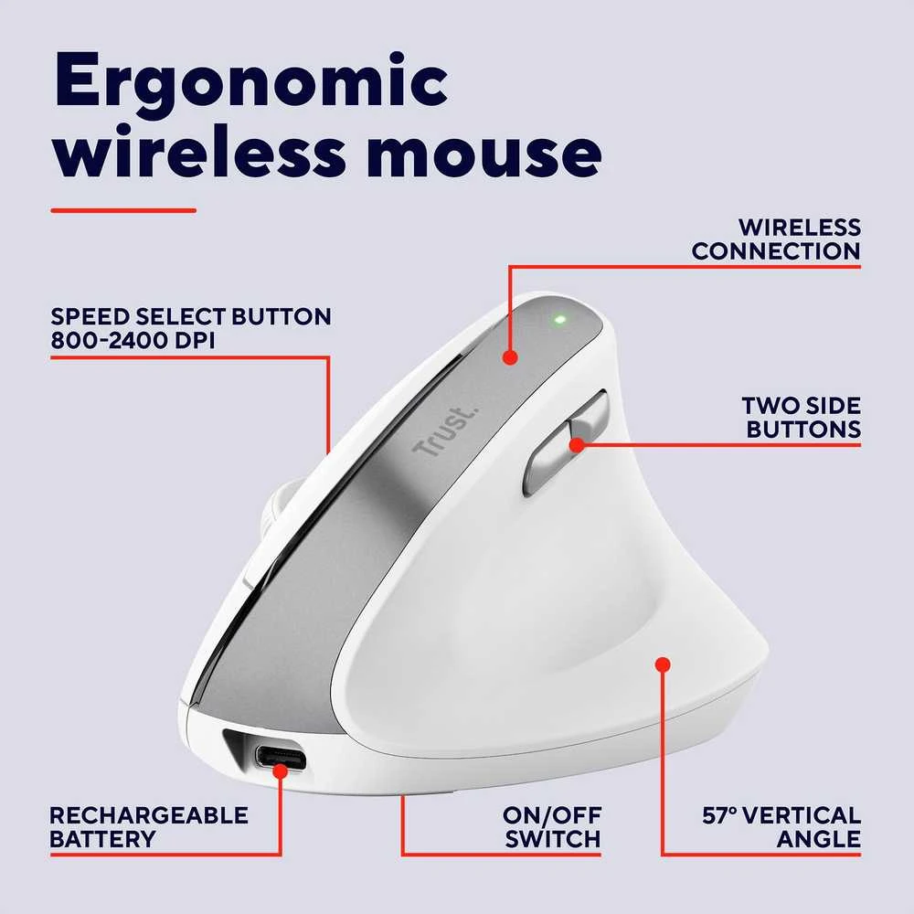 Trust Bayo II - Ergonomic Belaidė pelė (baltas)
