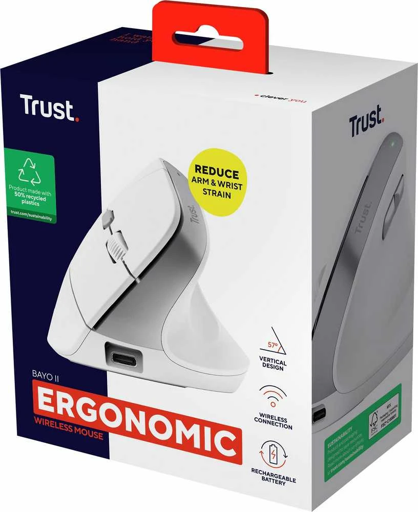 Trust Bayo II - Ergonomic Belaidė pelė (baltas)