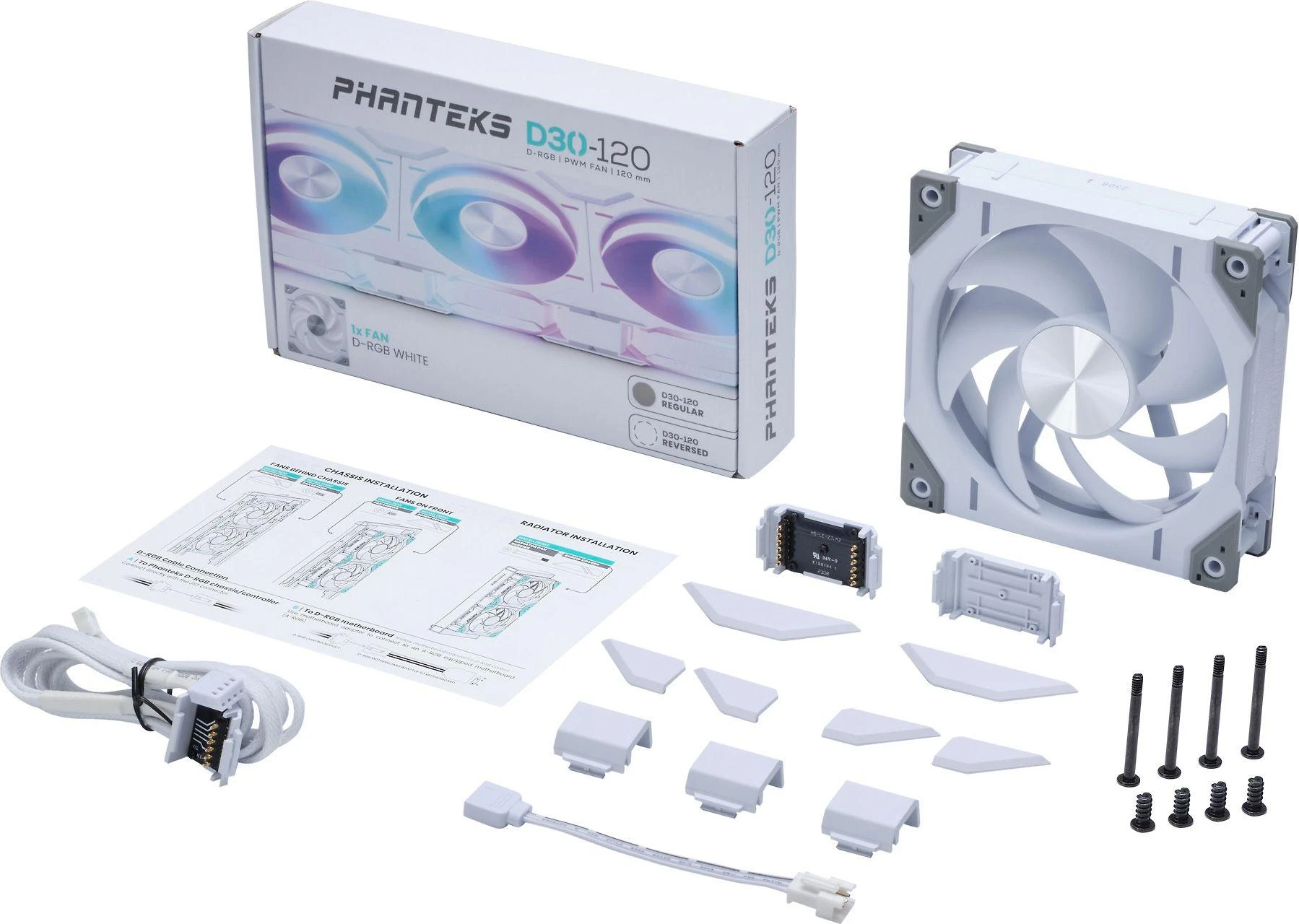 PHANTEKS D30 PWM Regular Airflow D-RGB fan – 120mm, baltos spalvos