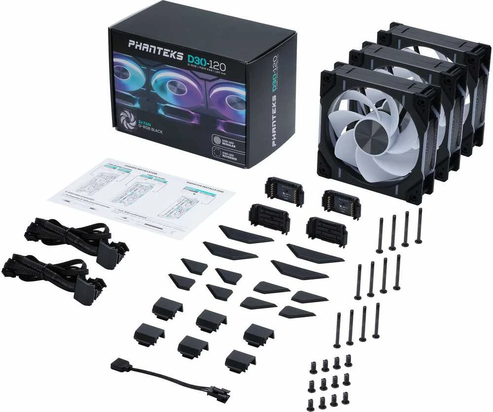 PHANTEKS D30 PWM Reverse Airflow D-RGB, 3-pack - 120mm, juoda