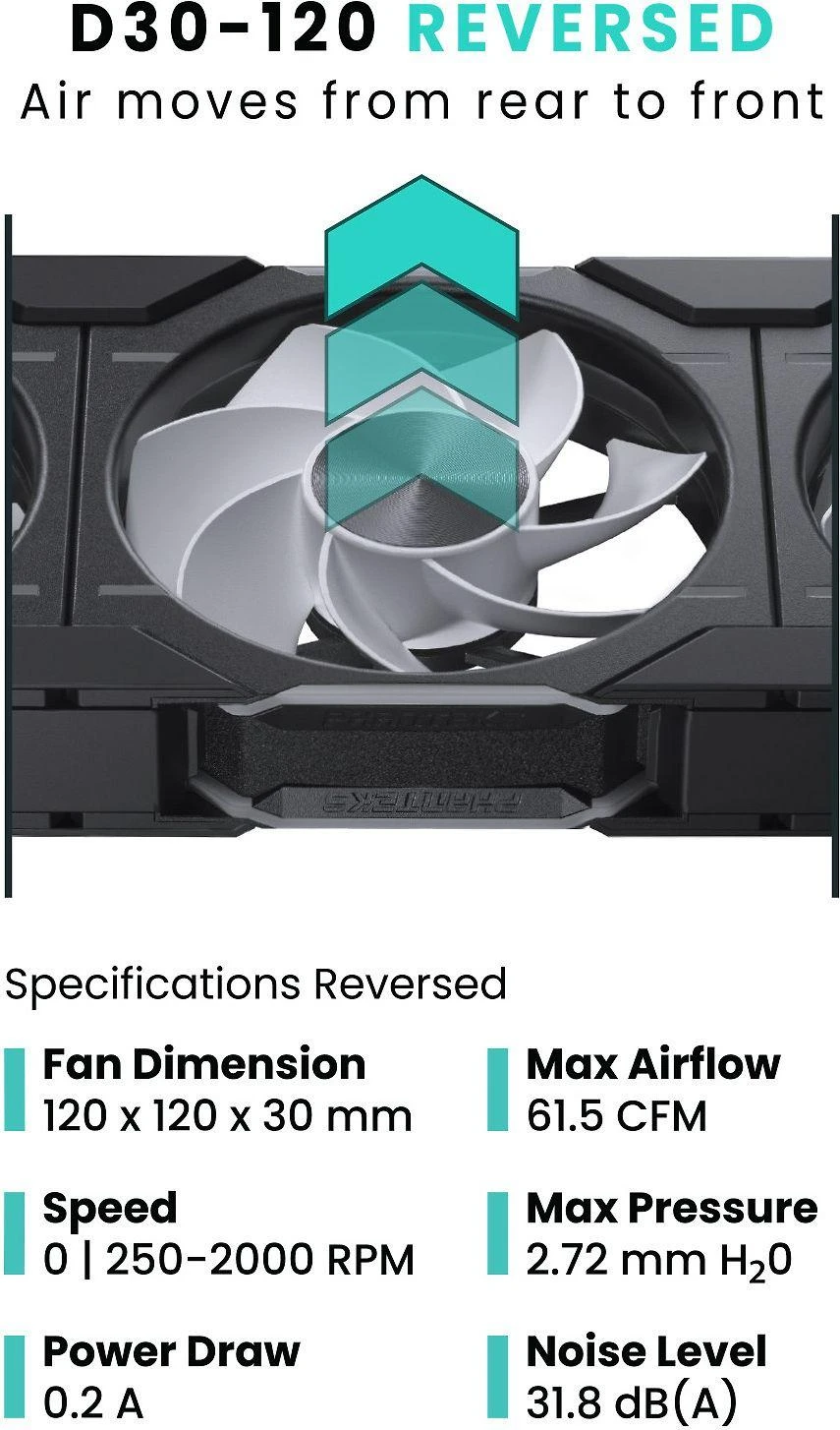 PHANTEKS D30 PWM Reverse Airflow D-RGB - 120mm, juoda