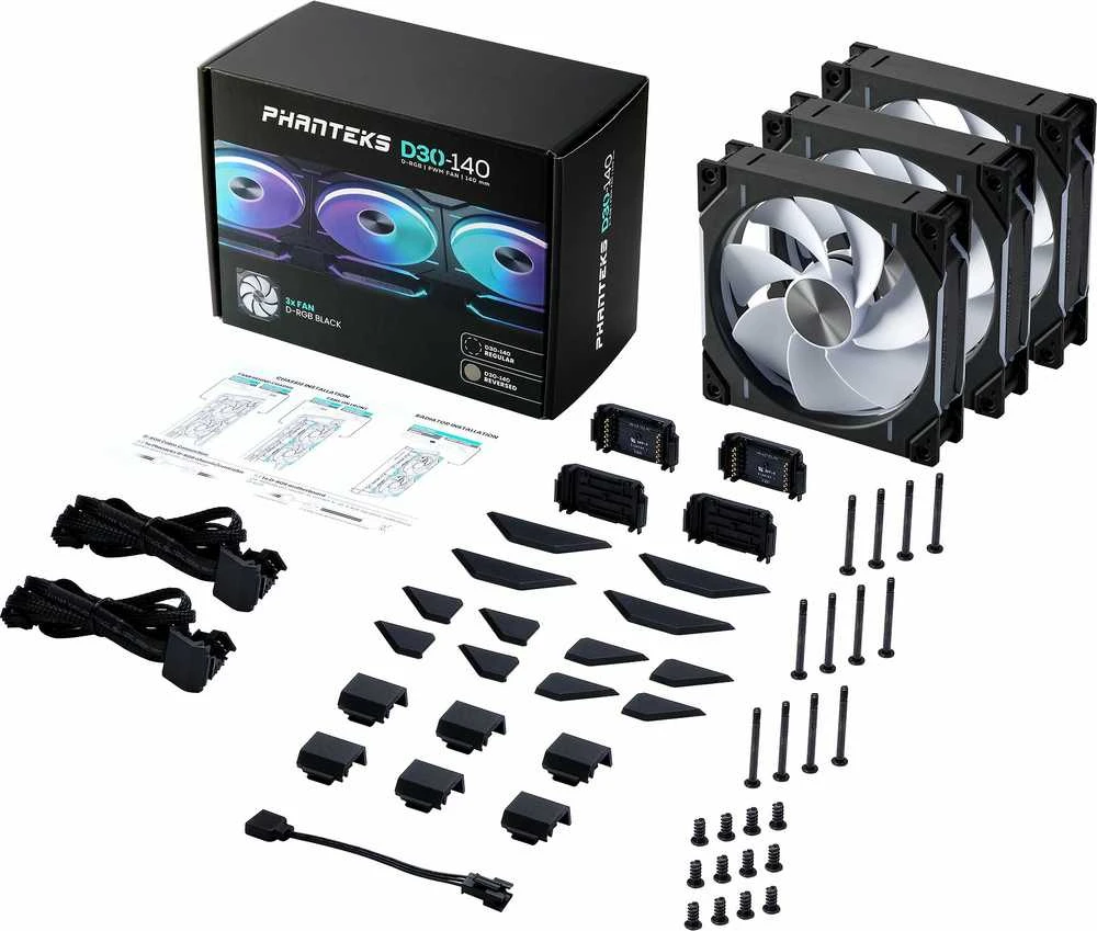 Phanteks D30 PWM Reverse Airflow, D-RGB korpuso ventiliatorius, 3-pack – 140mm, juodos spalvos