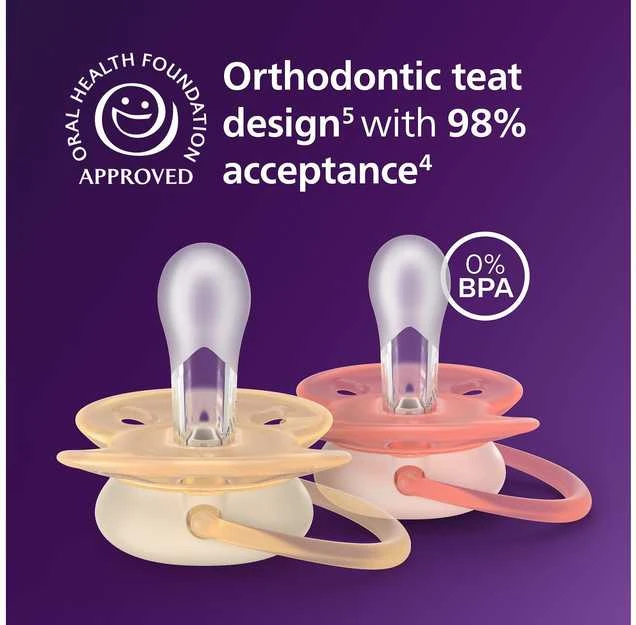 Philips Avent Ultra soft -tutti, 0–6 kk, 2 kpl/pakkaus, keltainen/oranssi, 80 % kasvipohjaisia materiaaleja