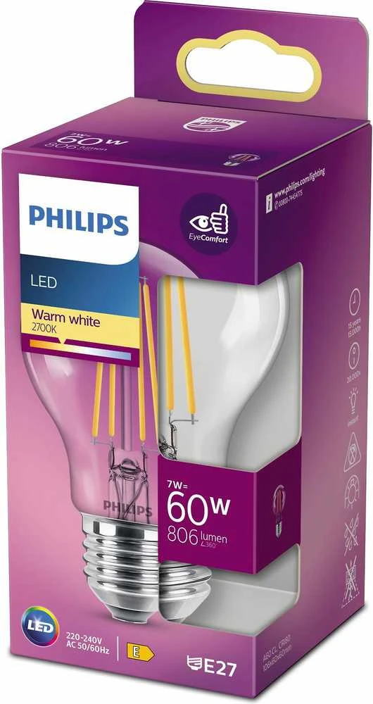 LED lemputė PHILIPS, A60, E27, 7 W, 806 lm, 2700 K