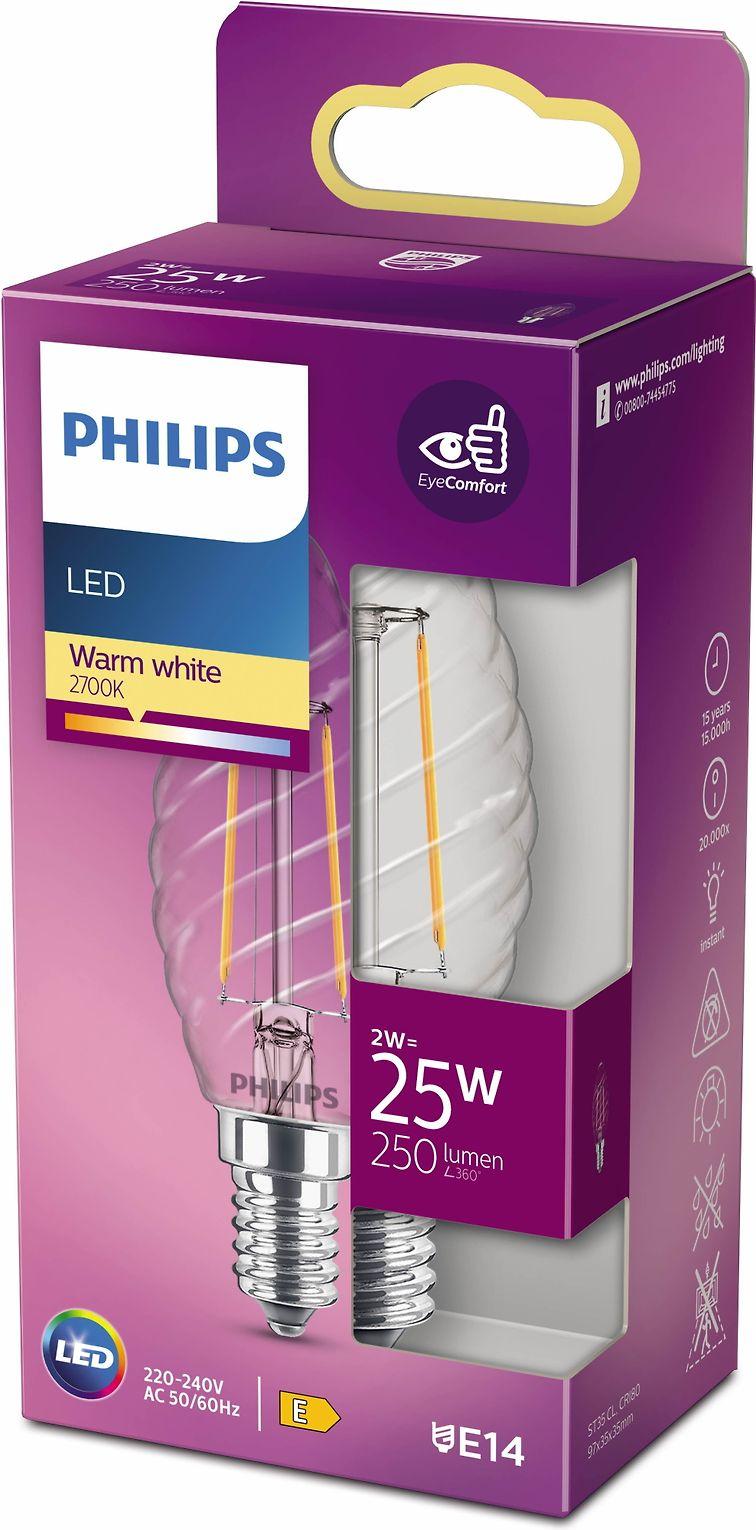 Philips Classic LED spiralinė žvakė, E14, 2700 K, 250 lm, skaidrus paviršius