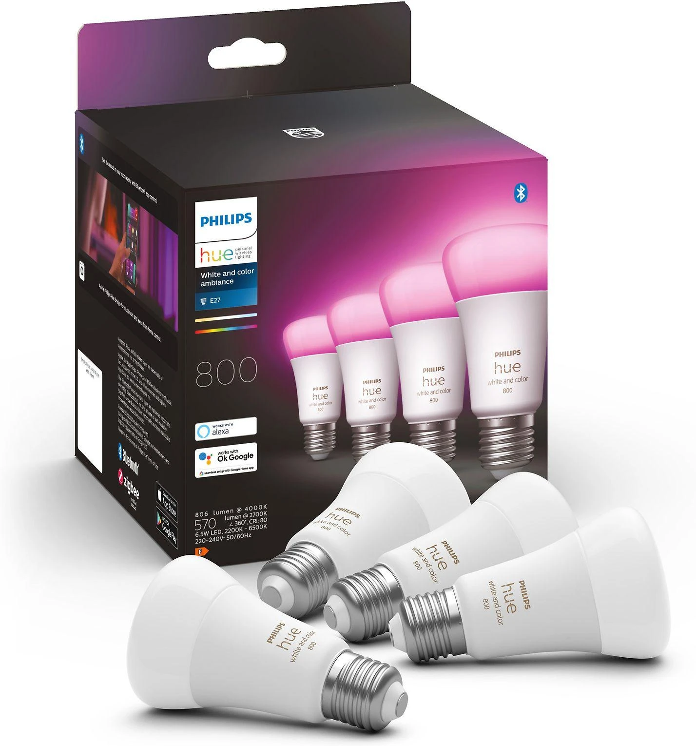Philips Hue WCA 6,5W A60 E27, 4vnt pakuotė | E27 | 6,5 W | RGBW 2000-6500K | Bluetooth ir Zigbee