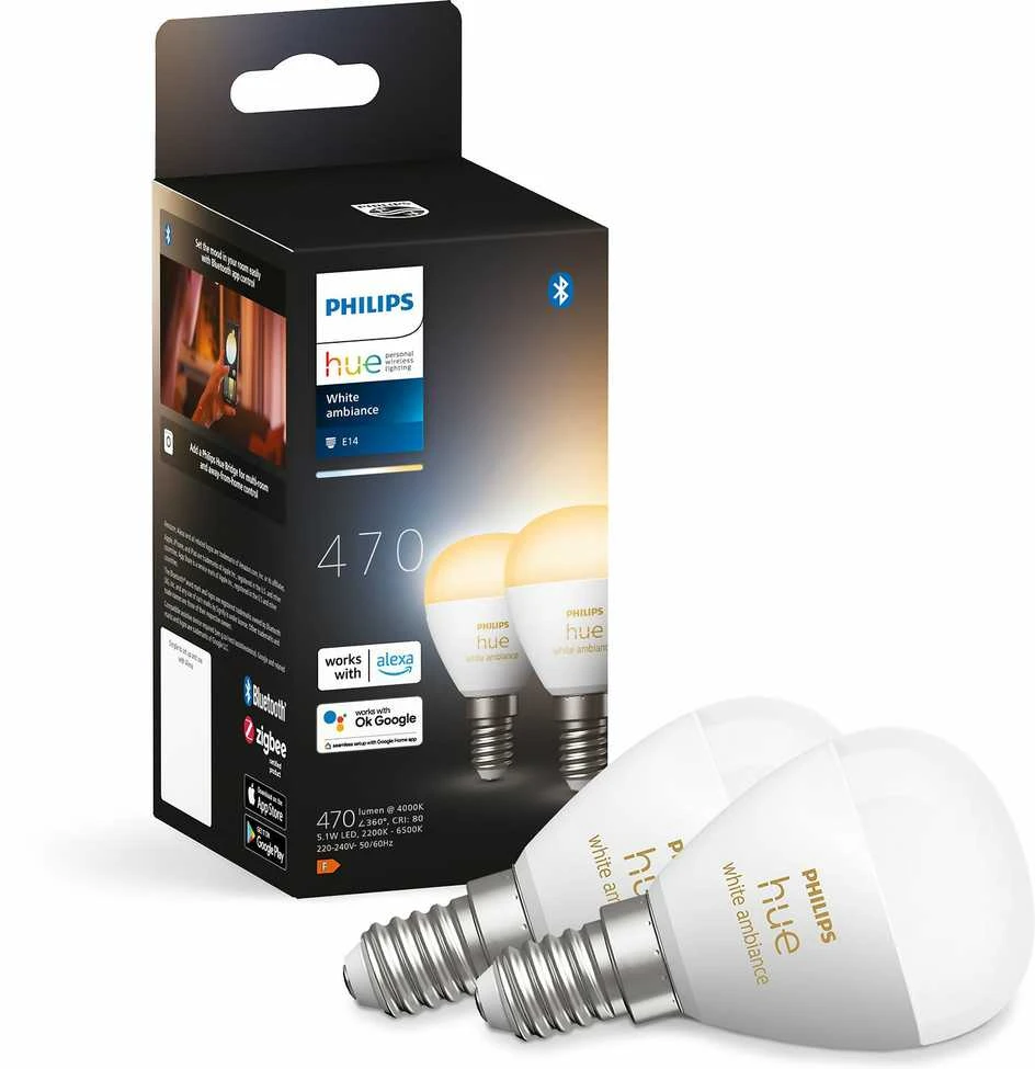 „Philips Hue Baltas Ambiance“ sferos dviguba pakuotė, E14, 470 lm