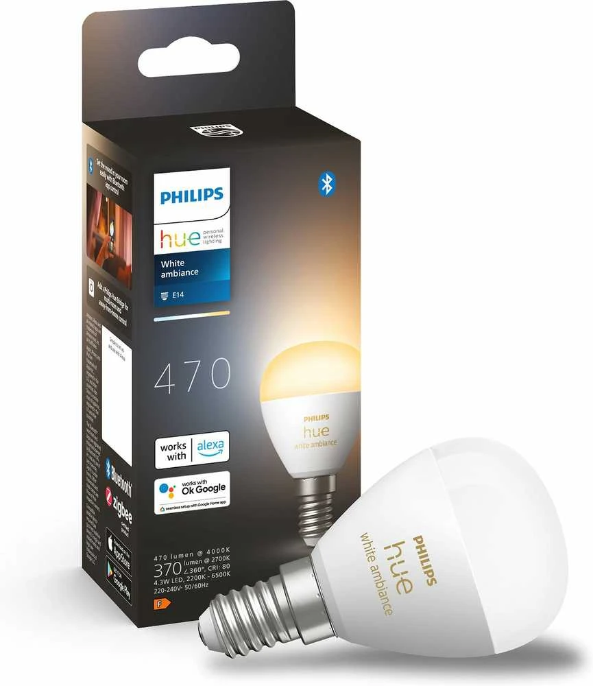 „Signify Philips Hue Baltas Amb. E14“ lašelinė lemputė, 470 lm, viena pakuotė